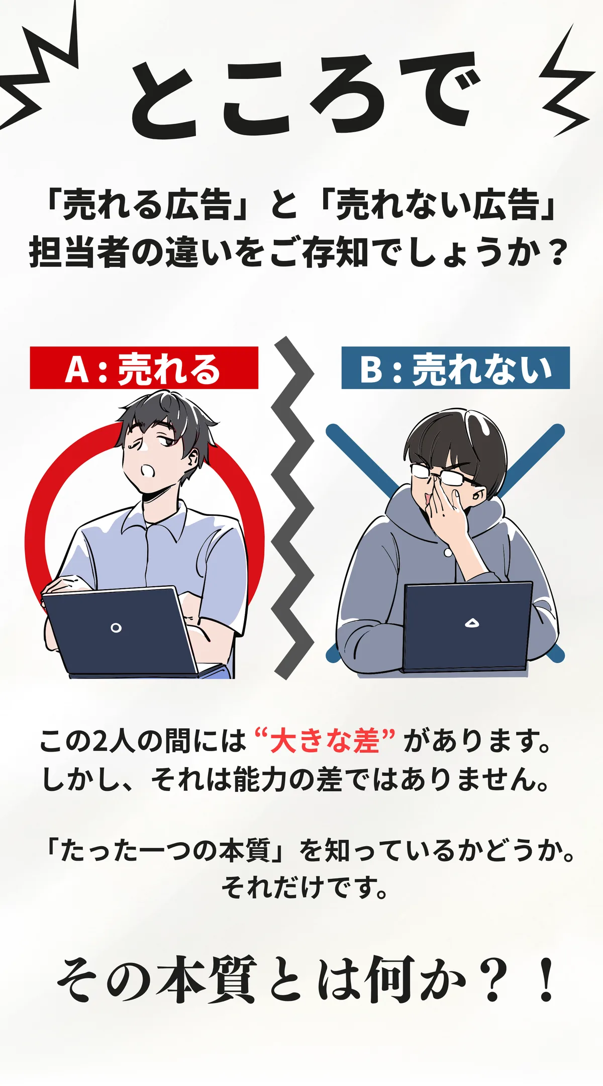 ところで。「売れる広告」と「売れない広告」担当者の違いをご存知でしょうか。この2人の間には大きな差があります。しかし、それは能力の差ではありません。