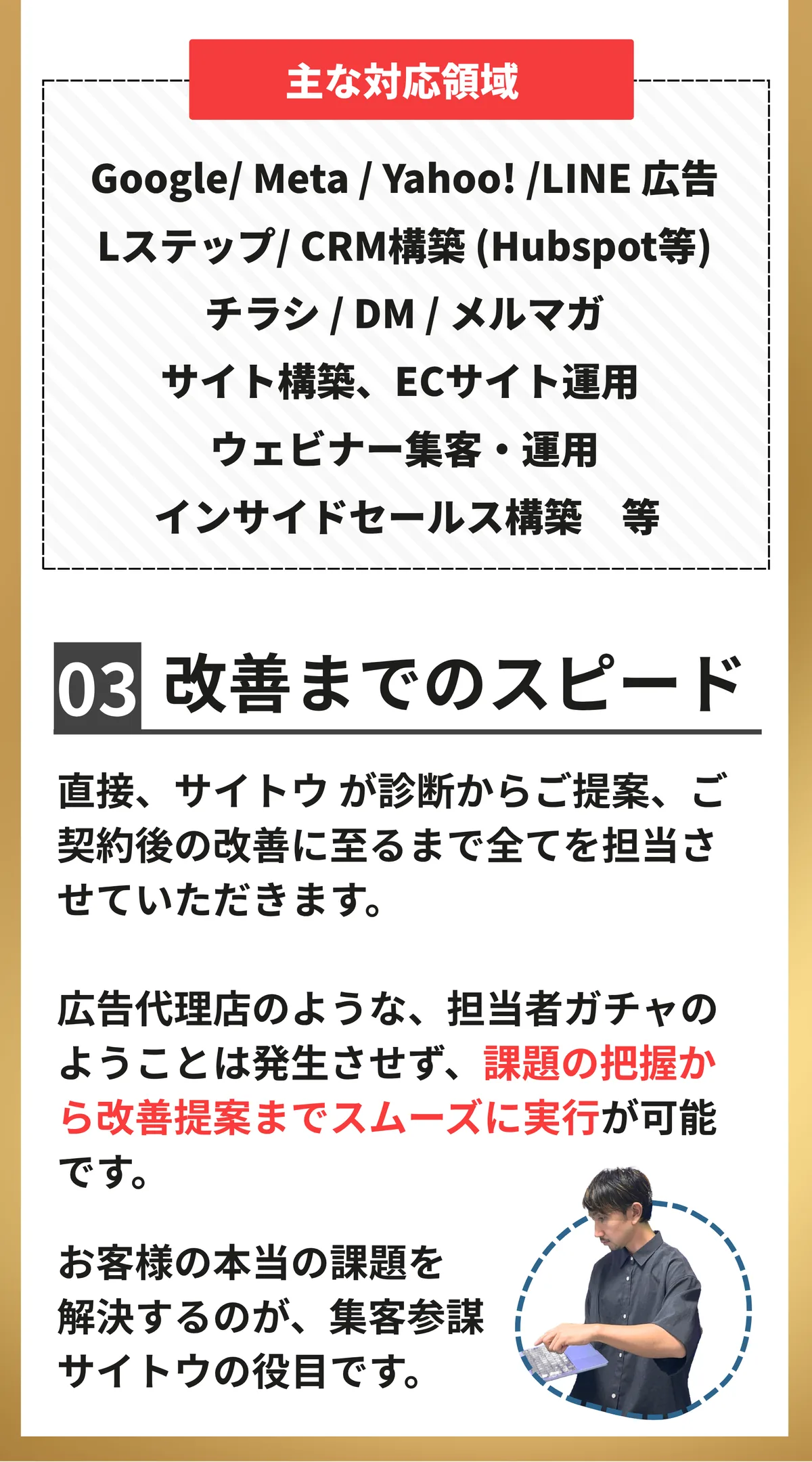 主な対応領域。Google/Meta/Yahoo!/LINE広告、Lステップ、CRM構築（Hubspot等）、チラシ・DM・メルマガ、サイト構築・ECサイト運用、ウェビナー集客・運用、インサイトセールス構築。03 改善までのスピード。直接、サイトウが診断からご提案、ご契約後の改善に至るまで全てを担当させていただきます。